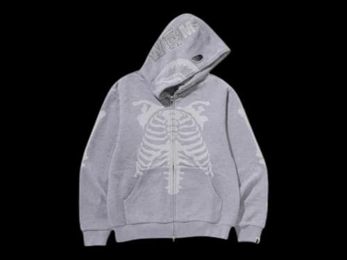 BAPE Skeleton Shark Heavy Washed Cropped Fit Full Zip Hoodie Grey