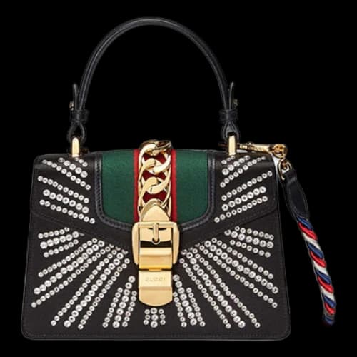 Gucci Sylvie Gold Buckle Stripe Webbing Mini Black Handbag (Women's)