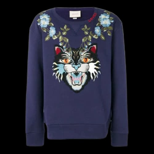Gucci CAT Pattern Embroidered Round Neck Pullover Long Sleeves Blue