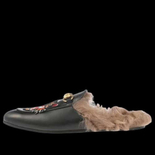 Gucci Tiger Head Embroidered Leather One Pedal Flat Shoes Black Fleece Lined