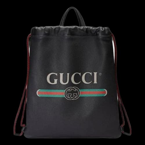 Gucci Print Retro Logo Printing Leather Drawstring Schoolbag Backpack Unisex Black