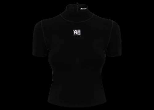 T by Alexander Wang Foundation Bodycon SS Logo Patch Mock Neck Top Black