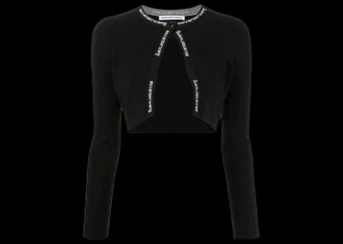 T by Alexander Wang Cropped Bodycon Logo Jacquard Trims Cardigan Black