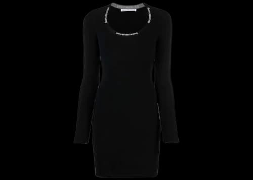 T by Alexander Wang Bodycon LS Logo Jacquard Trim Scoop Neck Dress Black