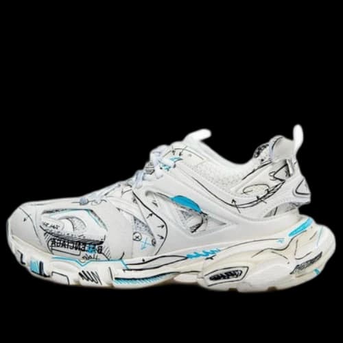 Balenciaga Track 1.0 Sneakers ' White Blue Mesh and Nylon Graffiti'