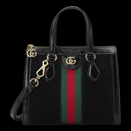 Gucci Ophidia Gold Label Logo Stripe Webbing Suede Patent Leather Tote Small Black Handbag (Women's)