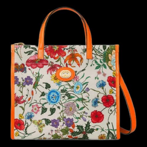 Gucci Metallic Interlock Double G Flowers Printing Canvas handbag White / Orange / Multicolor (Women's)