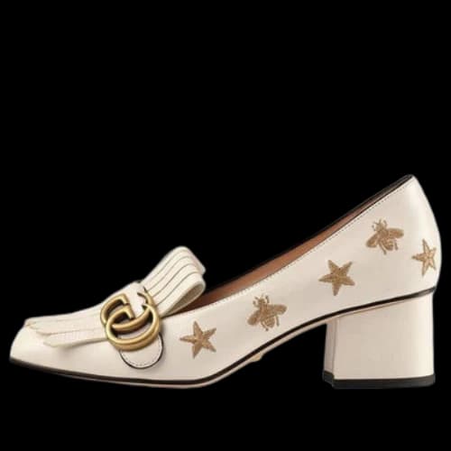 Gucci Marmont Embroidered Leather Mid-heel Pump 'Bee Star-White' (Women's)
