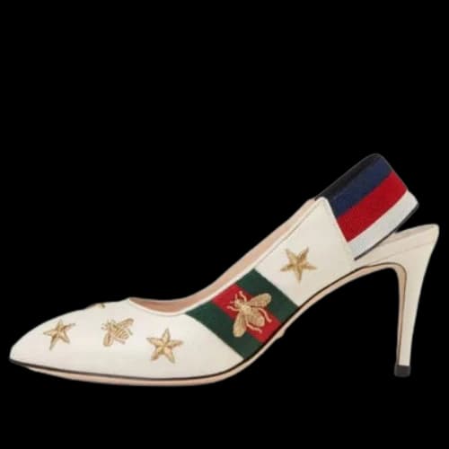 Gucci Bee Star Embroidered Leather Web Sylvie Slingback Pumps 'White' (Women's)