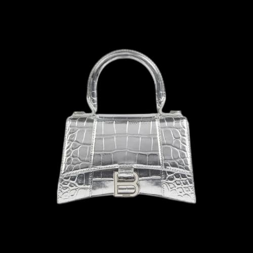 Balenciaga Crocodile Embossed XS Hourglass Handbag In Silver