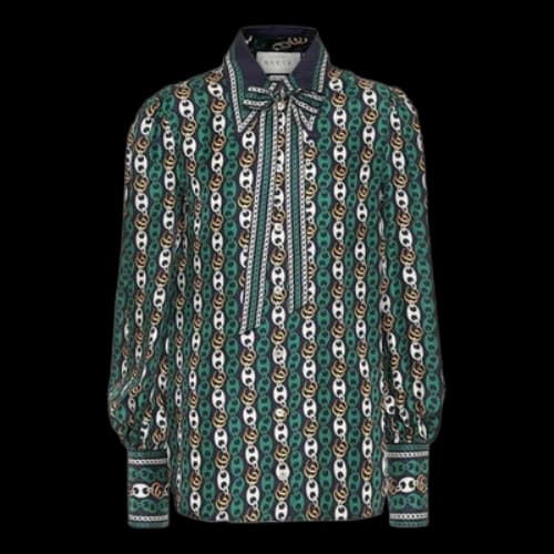 Gucci Bow Tie Boat Anchor Chain Printed Silk Shirt For Green (Women's)