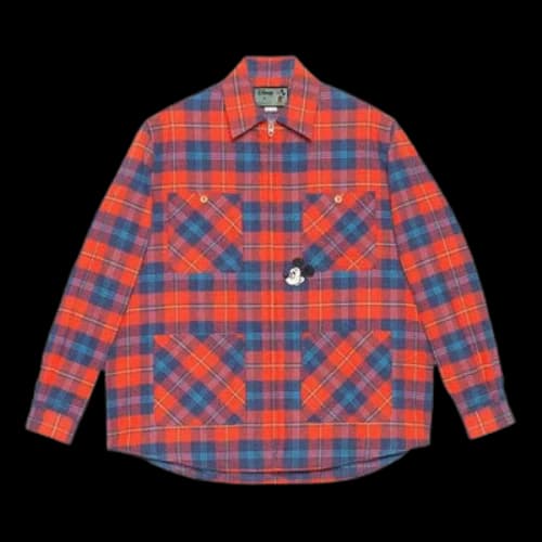 Gucci x Disney Embroidered Mickey Patch Checked Cotton Zip Shirt For Men Red
