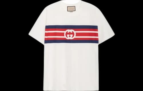 Gucci SS21 Interlock Double G Stripe Printing Short Sleeve Creamy White T-Shirt