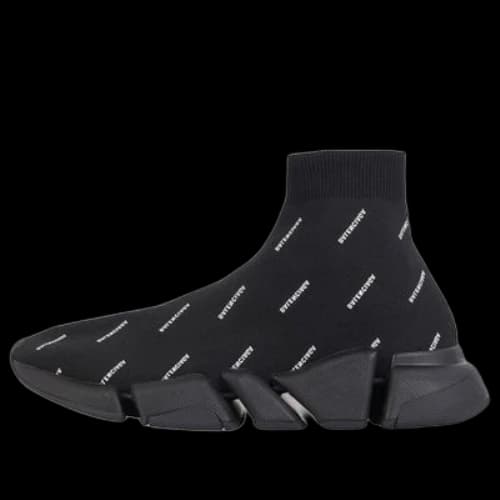 Balenciaga Speed 2.0 Sneakers 'Black Knit with White Allover Logo'