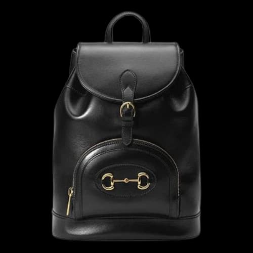 Gucci Horsebit 1955 Retro Gold buckle Leather Large Capacity schoolbag Backpack Unisex / Black Classic