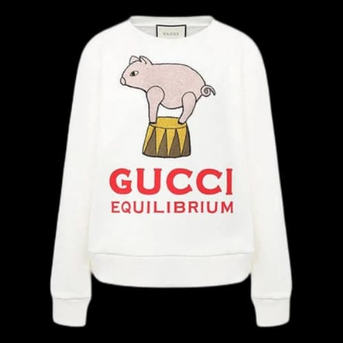 Gucci SS21 Piggy Cartoon Printing Pattern Pure Cotton Round Neck White Hoodie (Women's)