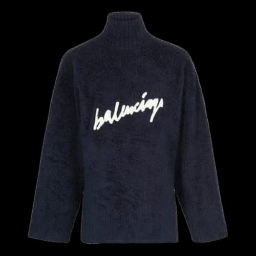Balenciaga Brushed Cotton Scribble Logo Turtleneck Jersey Sweater 'Navy'