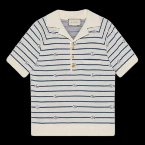 Gucci GG-Striped Wool-Cotton-Blend Short-Sleeved Polo Shirt For Men White/Blue