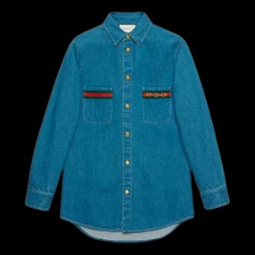 Gucci Ribbon Stone Mill Washed Denim Shirt For Men Blue
