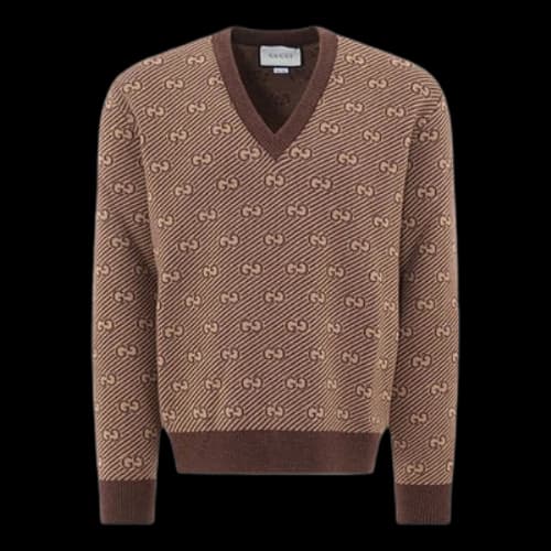 Gucci SS21 Alphabet Pattern V Neck Wool Sweater Brown