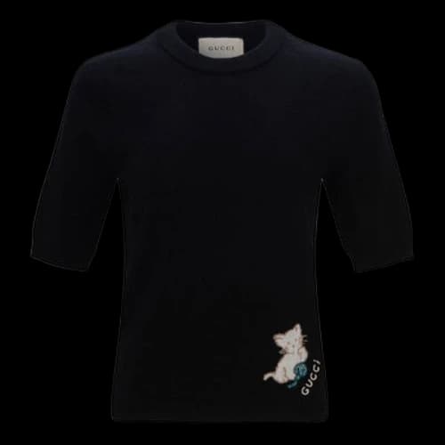Gucci SS21 Printing Pattern Knit Short Sleeve Black Bottoming Shirt (Women's)