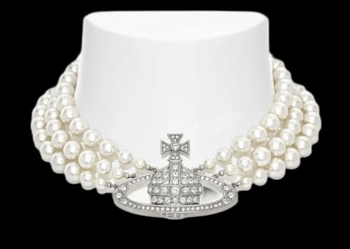 Vivienne Westwood Choker Three Row Pearl Bas Relief Silver