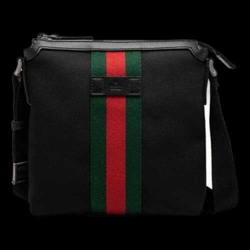 Gucci Red Green Stripe Webbing Leather Logo Canvas Shoulder Messenger Bag Black