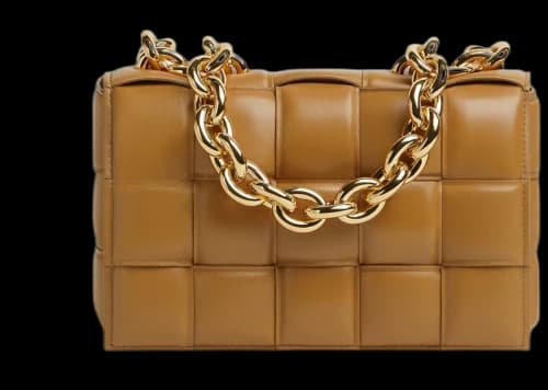 Bottega Veneta Chain Cassette Padded Intreccio Shoulder Bag Caramel