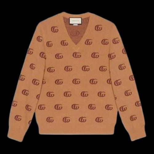 Gucci Double G Jacquard Wool V-Neck Sweater 'Camel Brown'