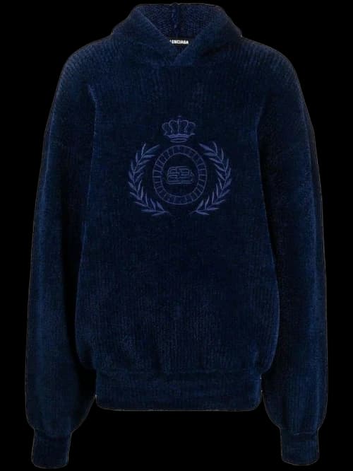 Balenciaga Embroidered BB Logo Fleece Hoodie Navy