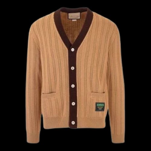Gucci Rib Knit Wool Cardigan With Gucci Label 'Camel'