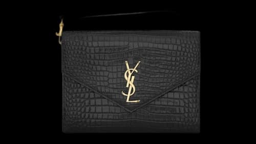 Saint Laurent Crocodile-embossed Shiny Leather Cassandre Flap Pouch Black