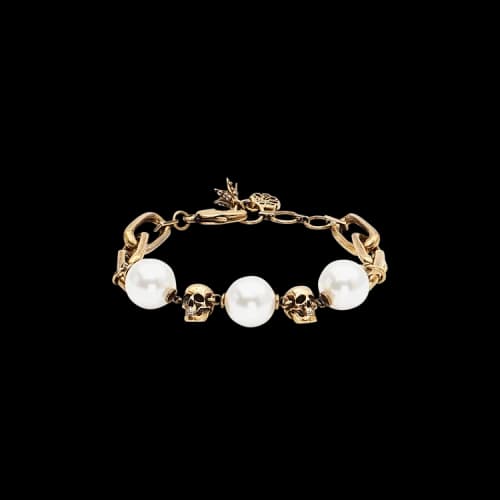Alexander McQueen Pearl-Like Skull Chain Bracelet 'Antique Gold'