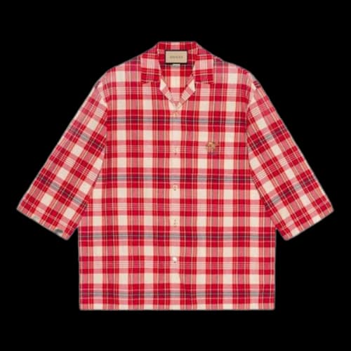 Gucci FW21 animal Embroidered Plaid Short Sleeve Shirt Red