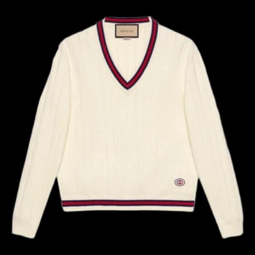 Gucci SS21 Knit V Neck Webbing Wool Sweater Beige