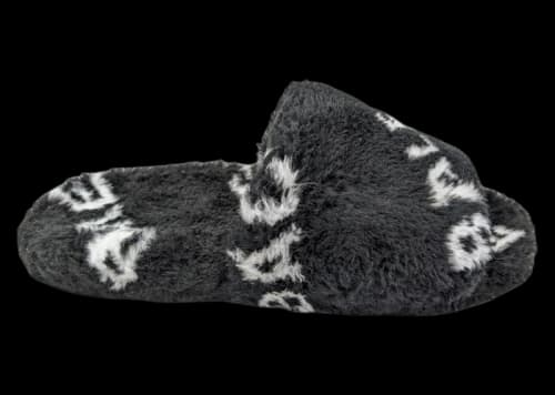 Balenciaga Furry Slide Fake Fur Logo Allover Black White