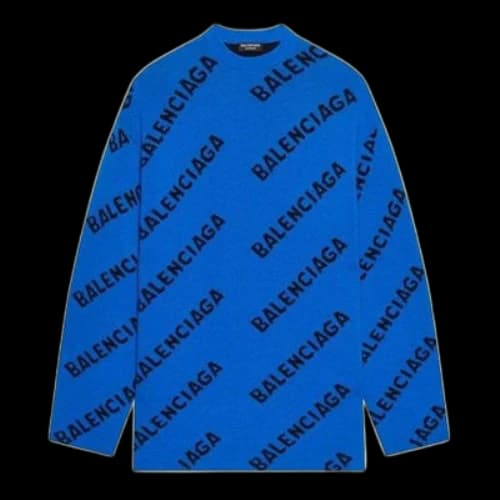Balenciaga All Over Logo Crewneck Wool Knit Sweater 'Blue'