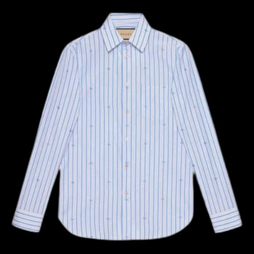 Gucci SS21 Double G Full Print Stripe Long Sleeves Blue Shirt