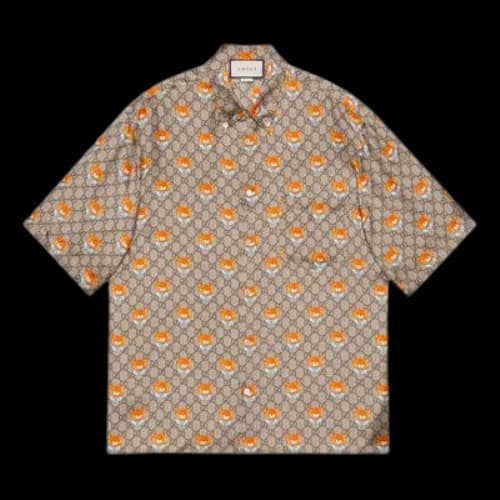 Kai x Gucci Crossover SS21 Full Print Cartoon Short Sleeve Shirt Brown
