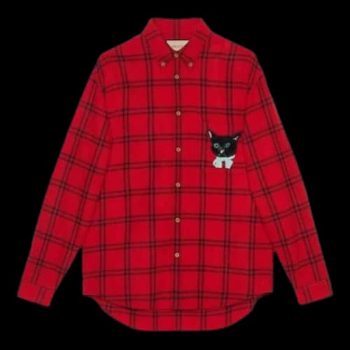 Gucci Check Wool Shirt With Gucci Cat Patch 'Red'