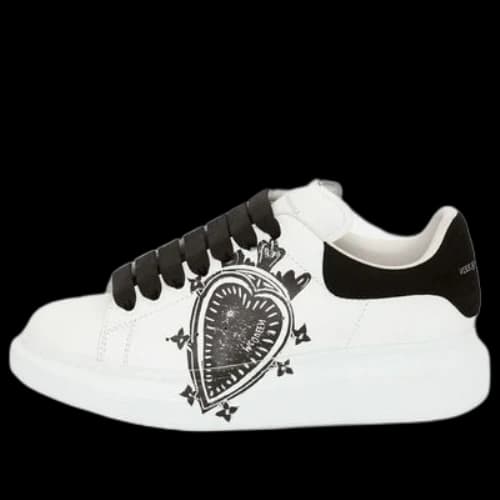 Alexander McQueen Leather Heart Logo Lace Up Oversized Sneakers 'White Black' (Women's)
