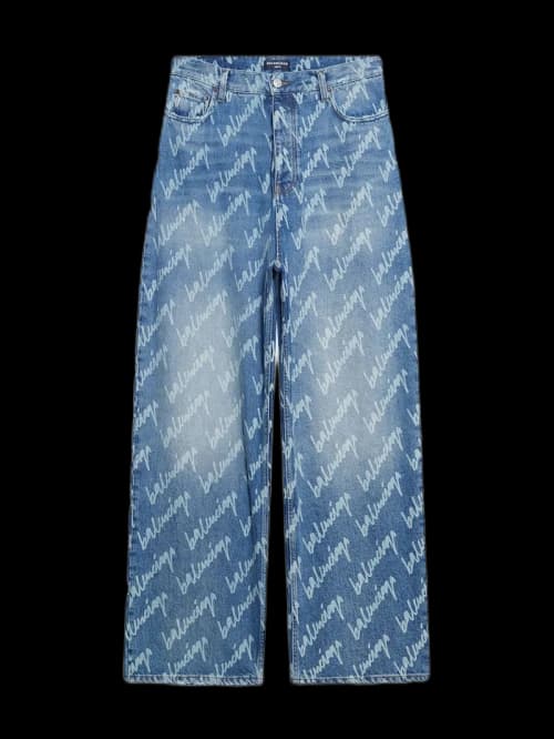 Balenciaga All Over Logo Large Fit Denim Trousers Indigo/White
