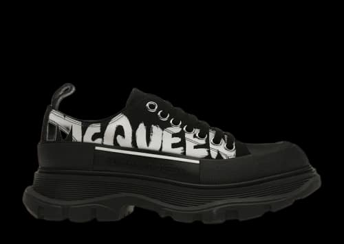 Alexander McQueen Tread Slick Low Lace Up Canvas Graffiti Black White Black (Women's)