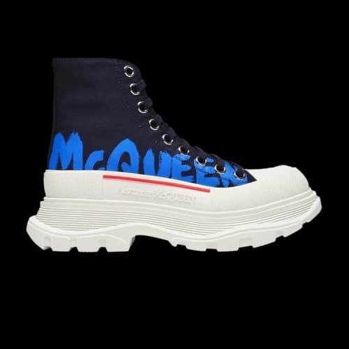 Alexander McQueen Tread Slick Boot 'McQueen Graffiti Logo - Black Blue' (Women's)