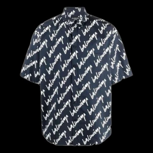 Balenciaga Allover Scribble Short Sleeve Shirt 'Dark Blue White'
