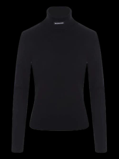 Balenciaga Womens Logo Patch Stretch Knit Turtleneck Sweater Black
