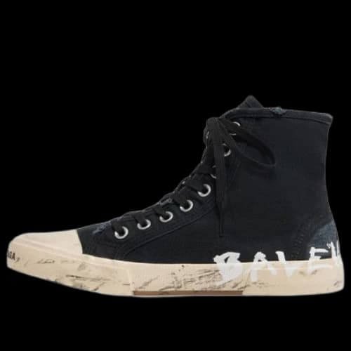 Balenciaga Paris High Top Sneakers 'Black Destroyed Cotton and White Rubber with Graffiti'