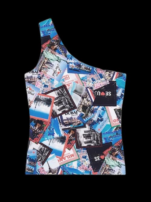 Balenciaga Womens Allover Cities Asymetric Tank Top Grey/Blue/Multi