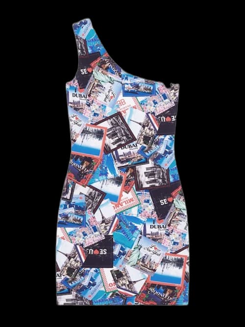 Balenciaga Womens Allover Cities Asymetric Mini Dress Grey/Blue/Multi