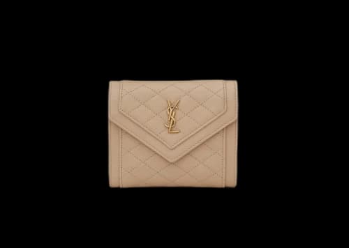 Saint Laurent Gaby Compact Tri-Fold Wallet In Quilted Lambskin Dark Beige